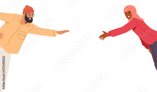 Interracial man and woman reaching hands in joining and bonding gesture over white background