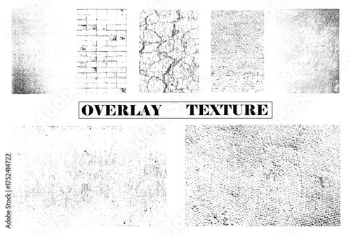 Set of high-resolution distressed black and white vector overlay textures, including cracked wall, grunge paper, brick, and dust elements, ideal for design effects