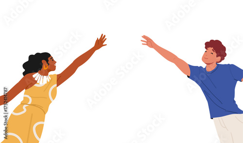Man and woman of different ethnicity reaching hands joining together demonstrating friendship