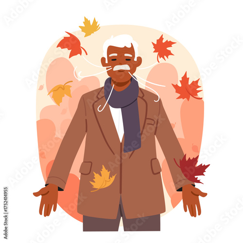 Senior man breathing fresh autumn air standing under falling leaves outdoors cartoon scene
