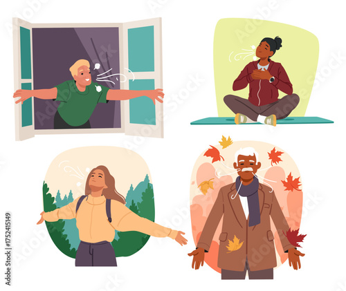 Diverse people of different age breathing fresh air outdoors on nature and from inside cartoon set