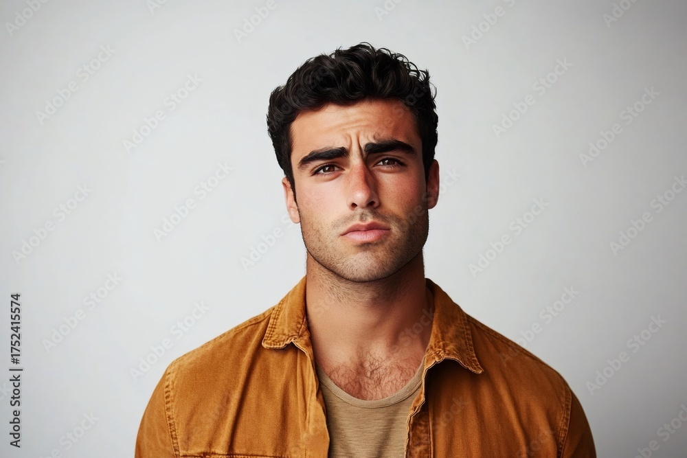 Obraz premium Young man with furrowed brows looking directly at the viewer, showing doubt, confusion, or serious thought