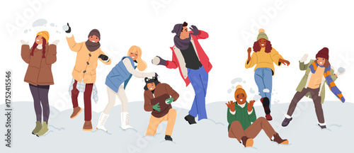 Teenagers having fun in winter playing in snow and throwing snowballs outdoors, enjoying cold