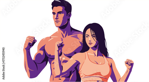 Fitness Couple Flexing Biceps: Muscular Man and Woman Showing Strength, Dramatic Pop Art Illustration