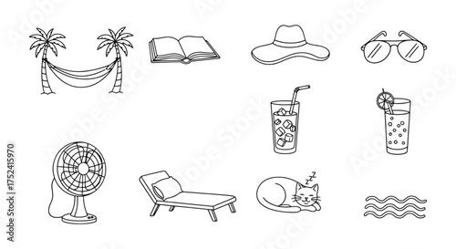 Relaxation Summer Linear Set Hammock Palm Tree Sunbed Lounger Fan Cat Drink Beach