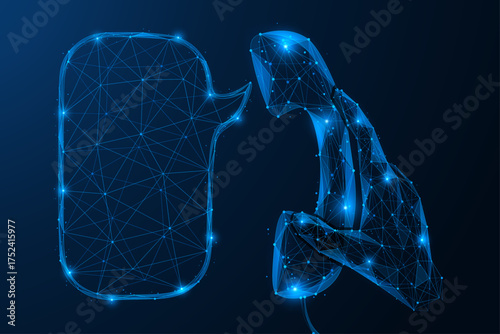 Digital voice connection. The hand holds the handset of the phone from which the message is coming out. The concept of communication, communication, data transmission and modern digital interaction.