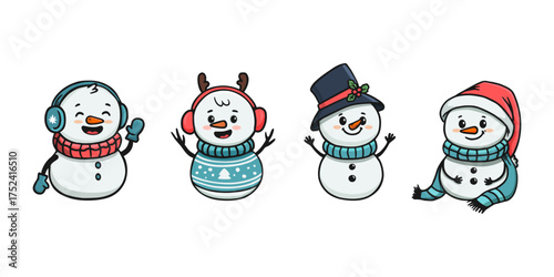 Set of cute cartoon snowmans for content , banner, stickers and greeting card, christmas and new year. The collection of funny snowmen in doodle style. Vector
