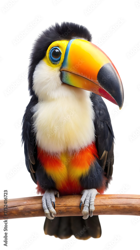 Obraz premium Adorable baby toucan perched on branch studio portrait tropical bird wildlife nature rainforest exotic feathered friend isolated on transparent background