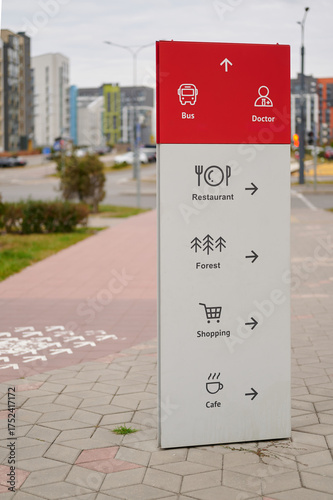 urban wayfinding sign with bilingual directions for bus stop, doctor, restaurant, forest, shopping, and cafe. modern cityscape backdrop highlights accessibility and convenience in navigation