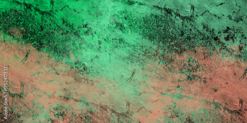 Grungy distressed abstract texture background with green and coral hues and rough brush strokes grunge