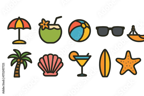 Summer, beach flat icon set. Tropical vacation and holiday symbols collection