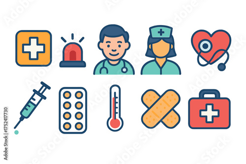 Medical and healthcare flat icon set. Doctor, nurse, emergency icons collection