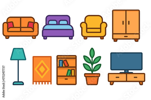 Furniture, home decor flat icon set. Living room, bedroom, interior icons collection