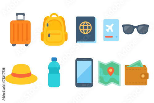 Travel and vacation flat icon set. Explore essential tourist items collection.