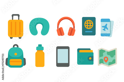 Travel and tourism flat icon set. Vacation, itinerary planning icons flat collection