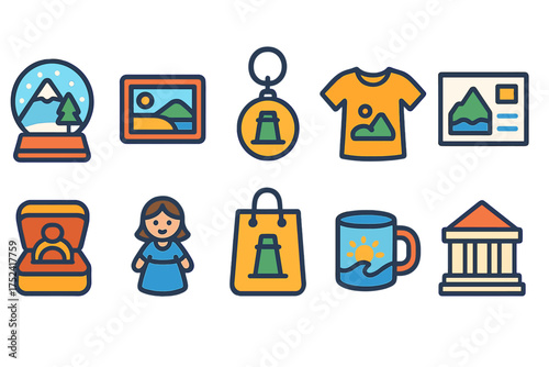 Souvenir and travel flat icon set. Vacation, tourism, gift icons flat collection