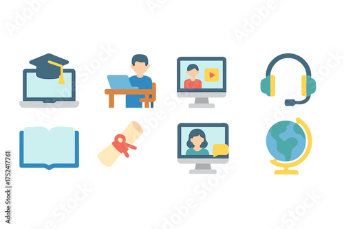 Education, e-learning flat icon set. Online learning and teaching resources