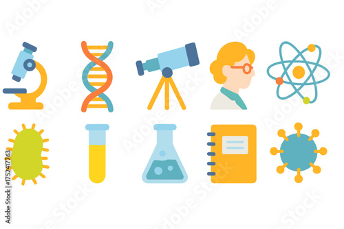 Science and research flat icon set. lab equipment, chemistry, biology icons collection