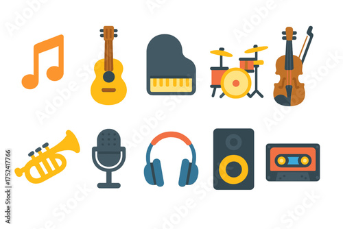 Music flat icon set. instruments and audio icons for creative projects.