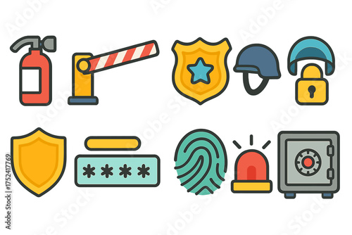 Security and protection flat icon set for safety, alerts, and access control
