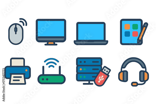 Technology, gadgets flat icon set. devices, electronics, digital tools in flat style