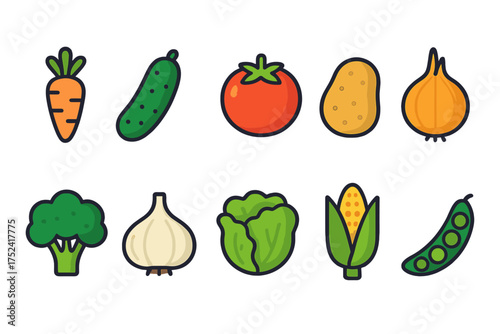 Fresh vegetable flat icon set. carrot, tomato, potato, cucumber, corn icons collection.