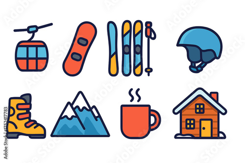 Winter sports and activities flat icon set: skiing, snowboarding, mountain adventures