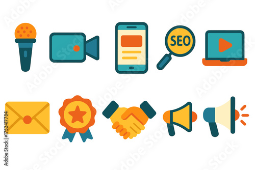 Communication and media flat icon set. microphone, video camera, seo, email icons