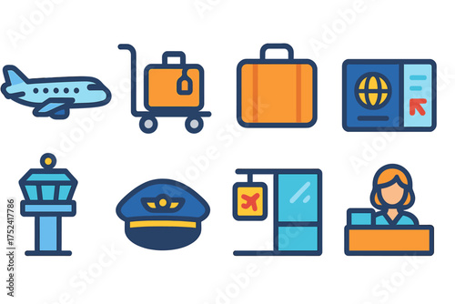 Travel and tourism flat icon set. essential vacation and travel planning icons