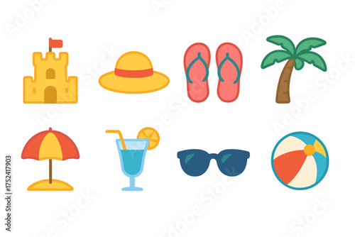 Summer essentials flat icon set. beach, vacation, leisure icons flat collection