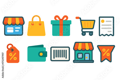 E-commerce, shopping flat icon set. retail, store, commerce, online icons flat collection