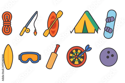 Outdoor activities icon set. camping, fishing, adventure flat icons collection
