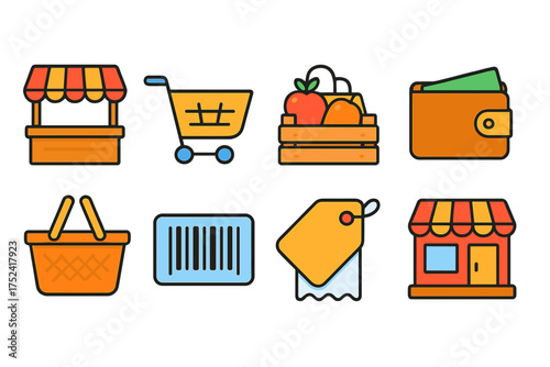 Shopping, retail flat icon set. store, cart, market, wallet icons in flat style.