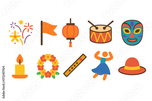 Festival celebration flat icon set. colorful party, holiday symbols collection