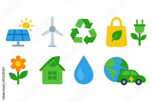 Eco-friendly, renewable energy flat icon set. green energy, sustainability icons flat collection