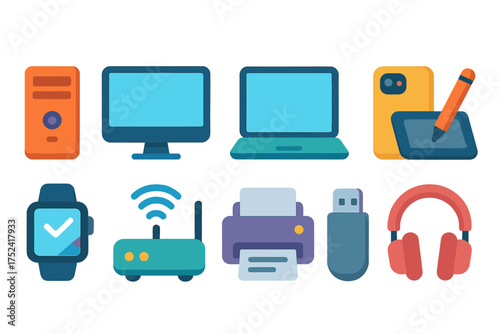 Technology, gadgets flat icon set. devices, electronics vector illustrations.