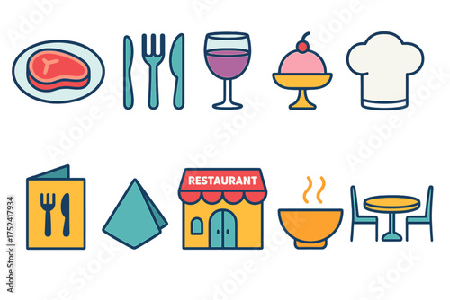 Restaurant, dining flat icon set. eatery, meal icons for menus and culinary use