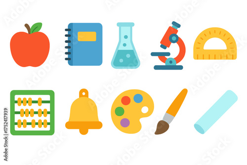 Education, learning flat icon set. school, tools, study, science, art, classroom icons