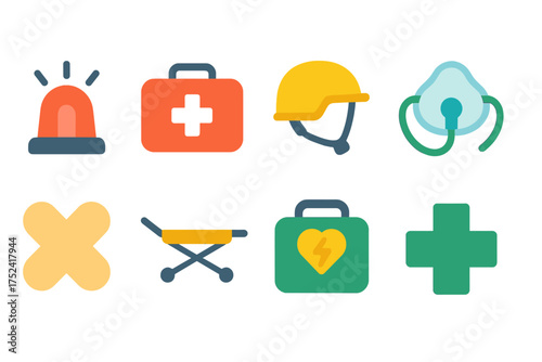 Healthcare and emergency flat icon set. medical equipment and safety symbols collection