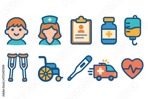 Healthcare and medical flat icon set. hospital, health service icons collection