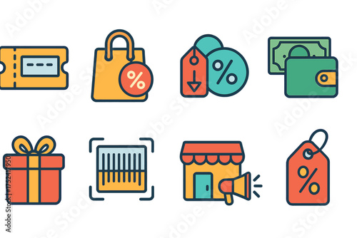 Shopping and discount flat icon set. retail, sale, price tags in a colorful collection