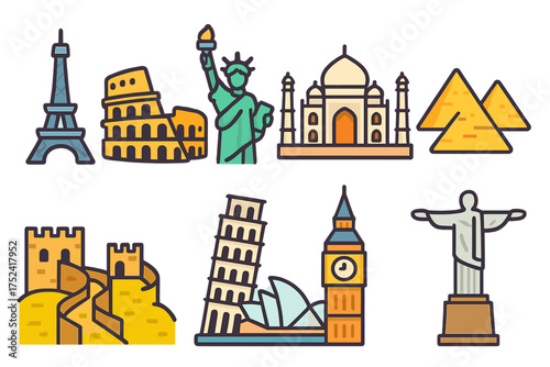 Landmarks, monuments icon set. world heritage flat collection for travel graphics