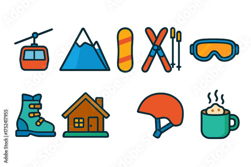 Winter sports flat icon set featuring snowboarding, skiing, and mountain gear