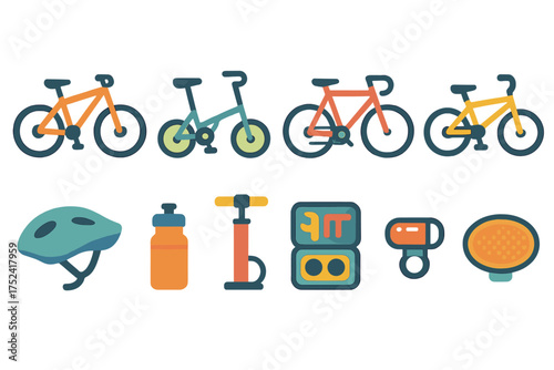 Cycling, bicycle flat icon set. transport and gear icons flat collection