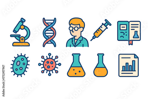 Science and education icon set. lab equipment, dna, scientist in flat style.