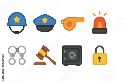 Security and safety flat icon set: police, law enforcement, and protection icons