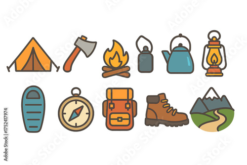 Camping themed outline icon set. adventure, hiking essentials outlined collection.