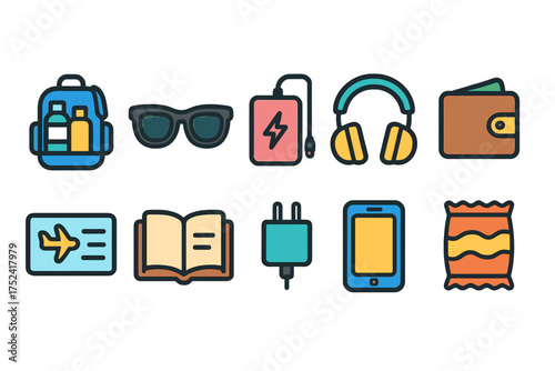 Travel essentials flat icon set. vacation, luggage, headphone, passport icons collection.