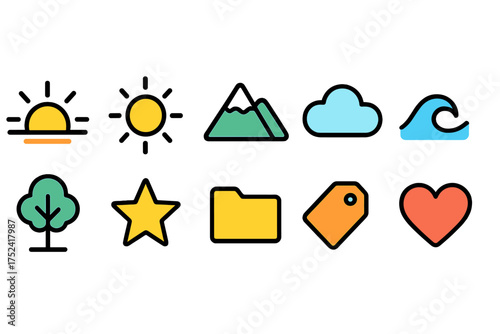 Nature and weather flat icon set. sun, mountain, cloud, tree colorful icons collection