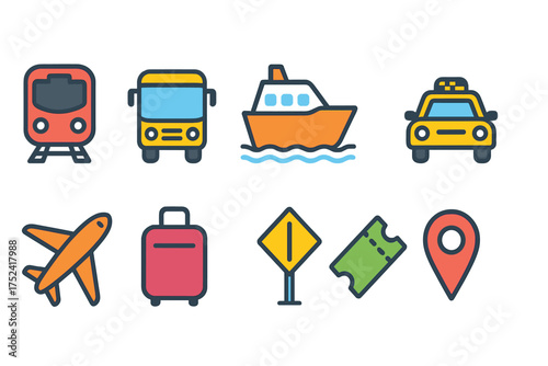 Travel and transportation flat icon set. journey, navigation, and vehicle icons